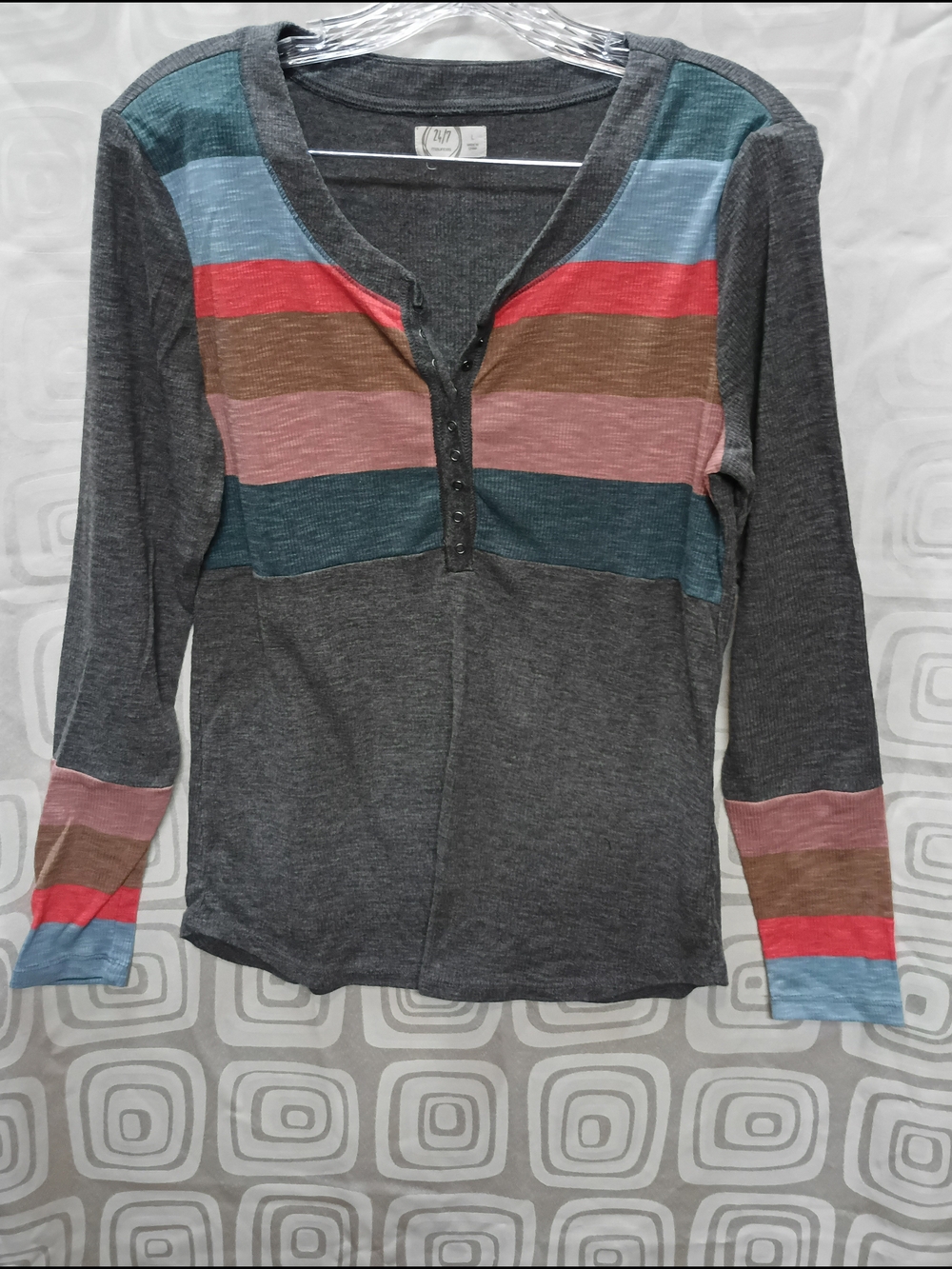 Maurices Gray Henley Top with Multi-Color Stripes